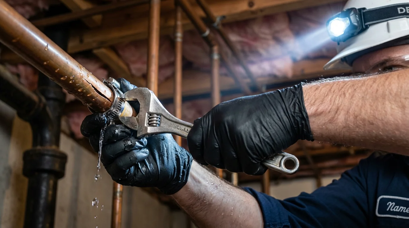 Emergency pipe clamp repair being performed by a Johns Plumbing LLC plumber in Bonifay