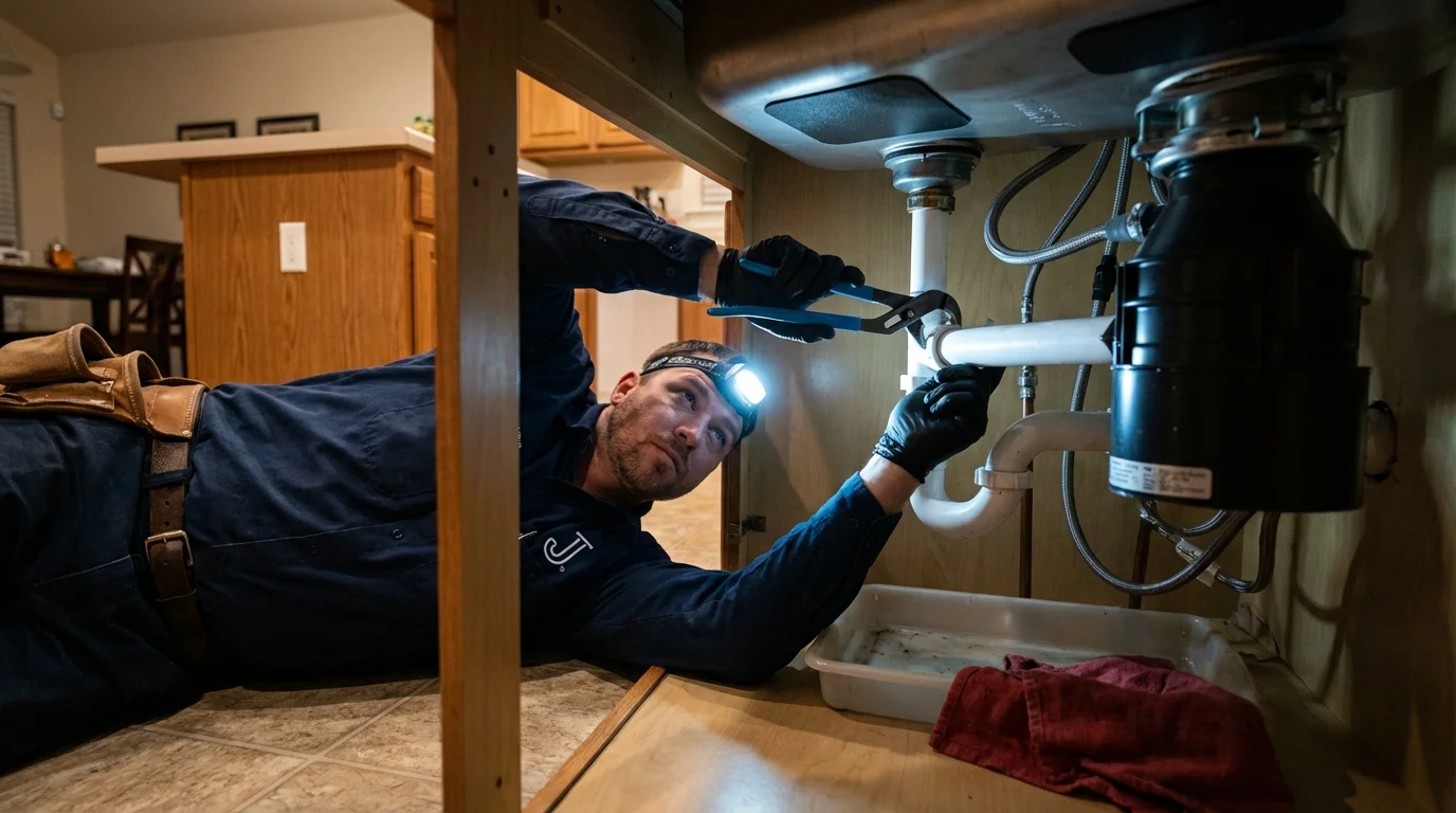 P-trap and supply line connections under a kitchen sink showing a common leak point in Bonifay, FL